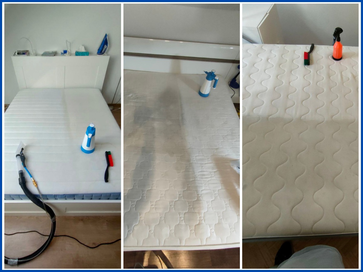 Materac łóżka po czyszczeniu, widoczne różnice w czystości. Po lewej stronie sprzęt do czyszczenia, po prawej butelka ze spryskiwaczem, wzór materaca w fale.