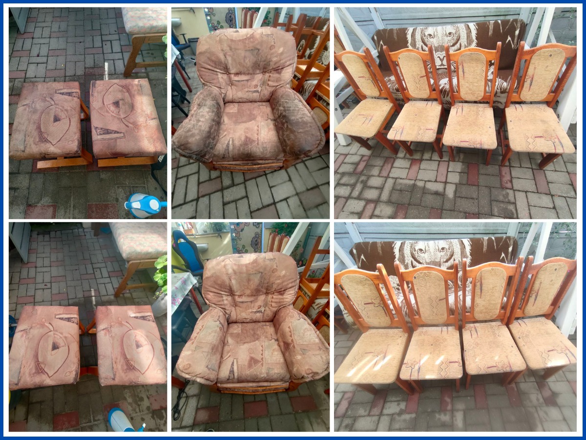 Kolaż 'przed i po' z Radwanic prezentujący efekty czyszczenia: dwa pufy, fotel z szerokimi podłokietnikami i komplet krzeseł z tapicerowanym oparciem.