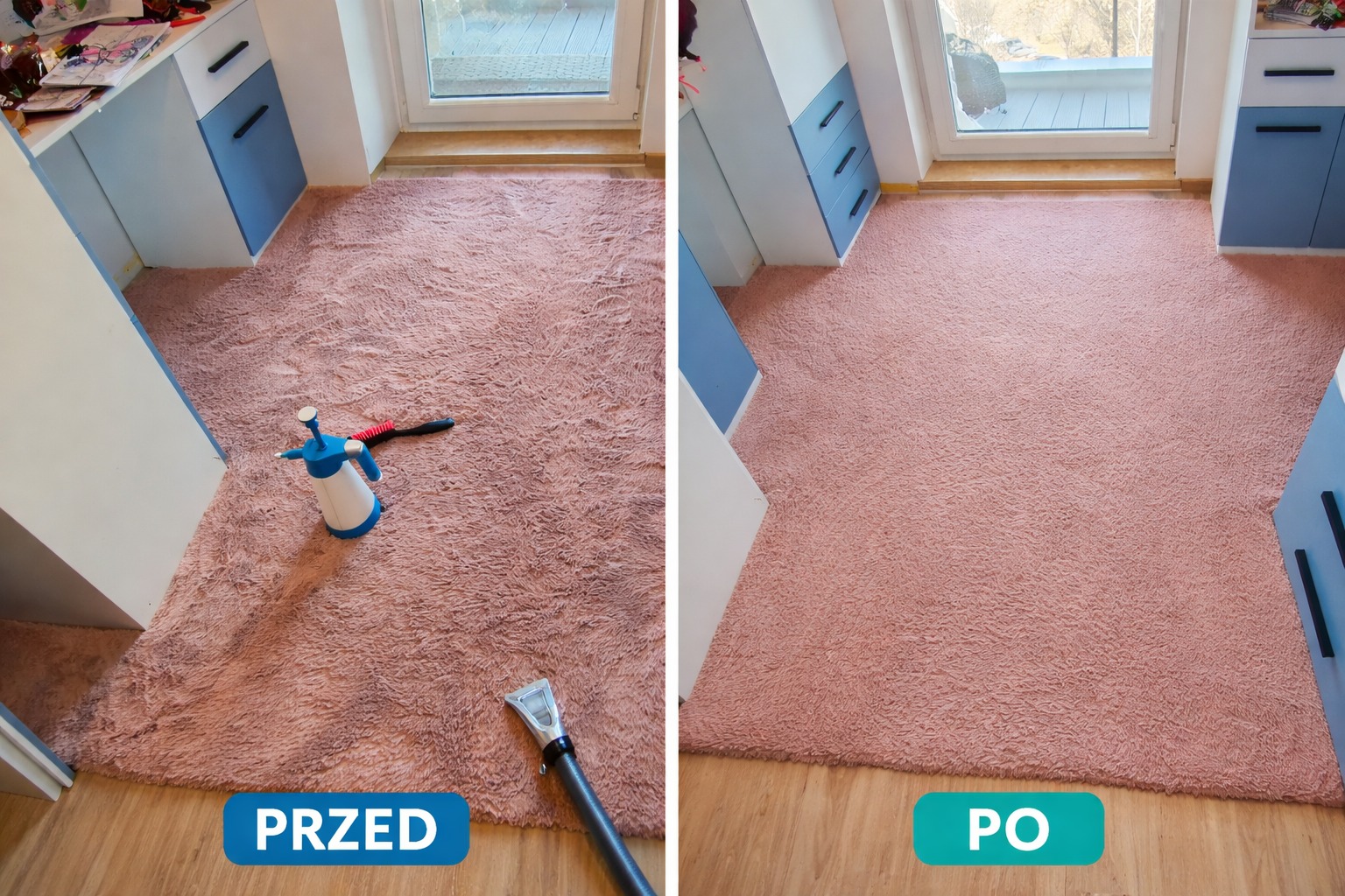 Zdjęcie dywanu w odcieniach różu, podzielone na dwie części: 'Przed' z narzędziami do czyszczenia i 'Po' - czysty dywan, ukazujące efekt usługi.