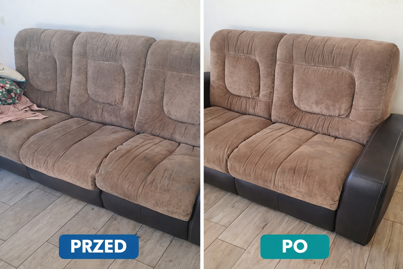 Brązowa kanapa przed i po czyszczeniu tapicerki, widoczne wyraźne różnice w odcieniu i czystości materiału. Ujęcie typu 'przed i po' na jasnym tle.