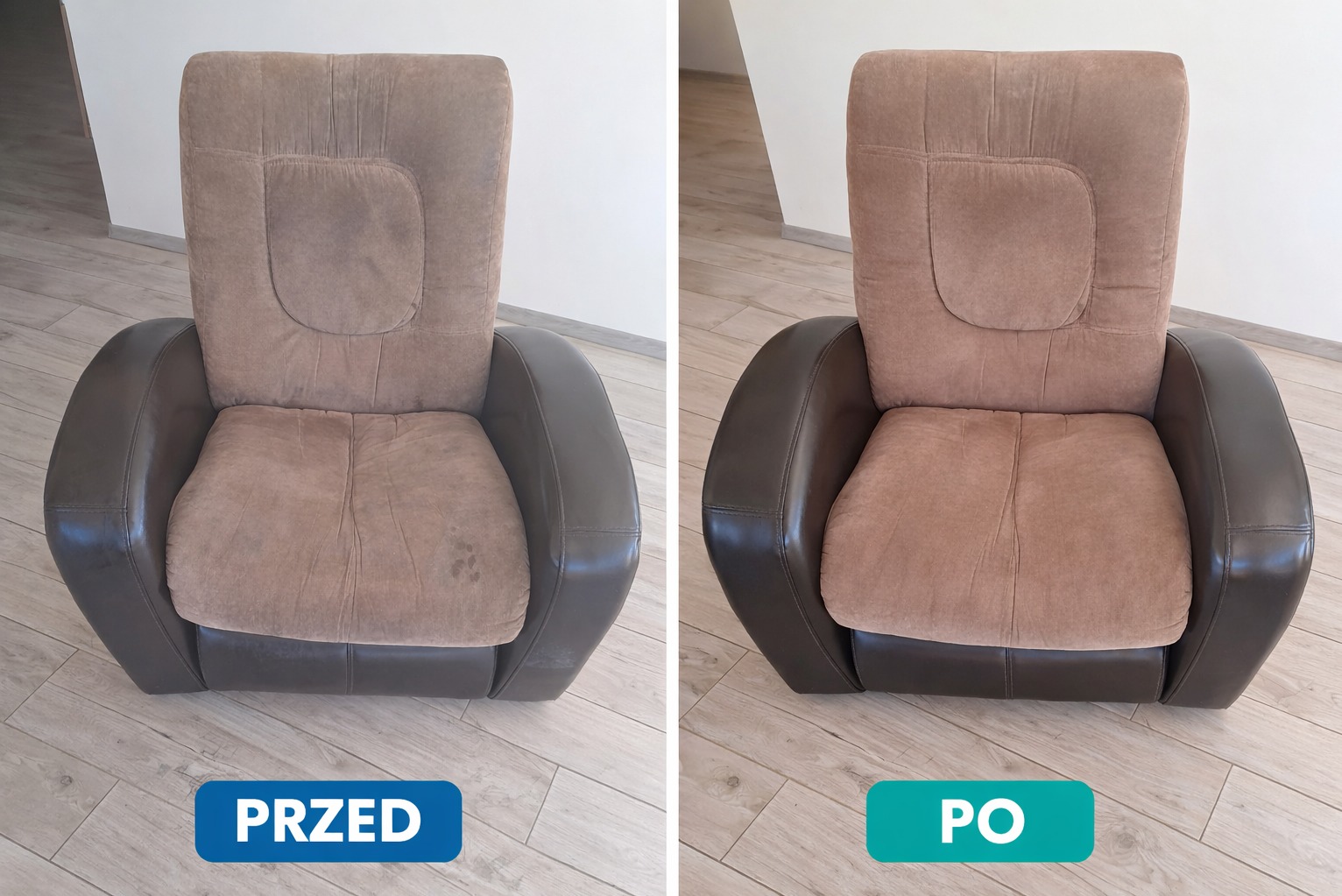 Fotel tapicerowany w brązowej skórze, ujęcie typu 'przed i po' z widocznymi plamami na siedzisku przed czyszczeniem i czystym siedziskiem po zabiegu.