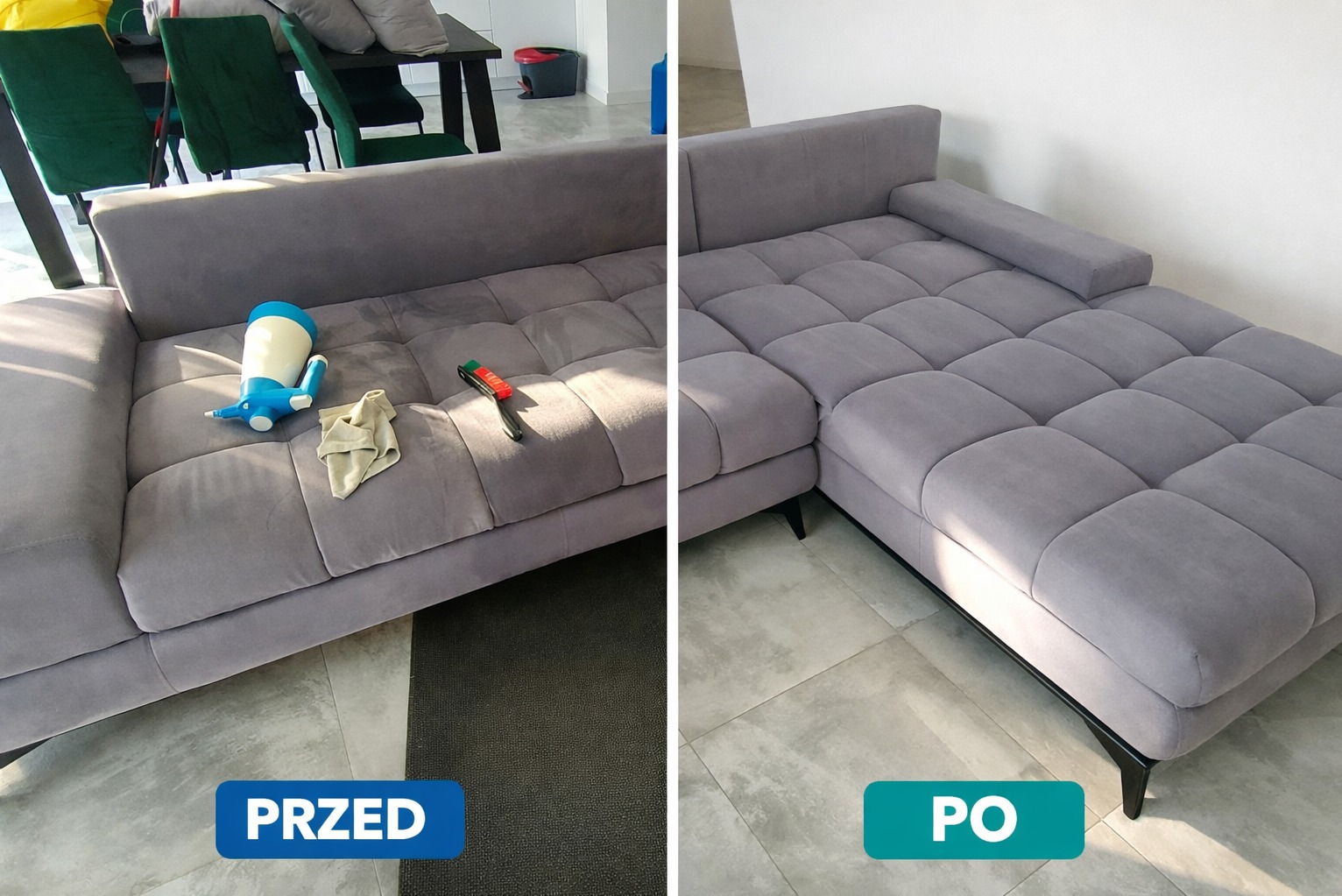 Szara, narożna kanapa z widocznymi plamami (PRZED) i czysta (PO). Na siedzisku spryskiwacz, ściereczka i szczotka. Efekt czyszczenia tapicerki, ujęcie typu 'przed i po'.