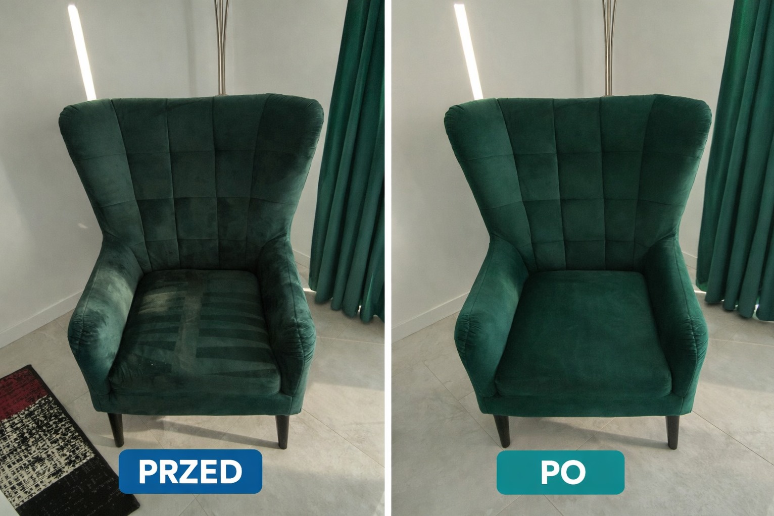 Zielony fotel tapicerowany w stylu retro, ujęcie typu 'przed i po' ukazujące efekt czyszczenia. Po prawej stronie fotel po usłudze, po lewej widoczne zabrudzenia.