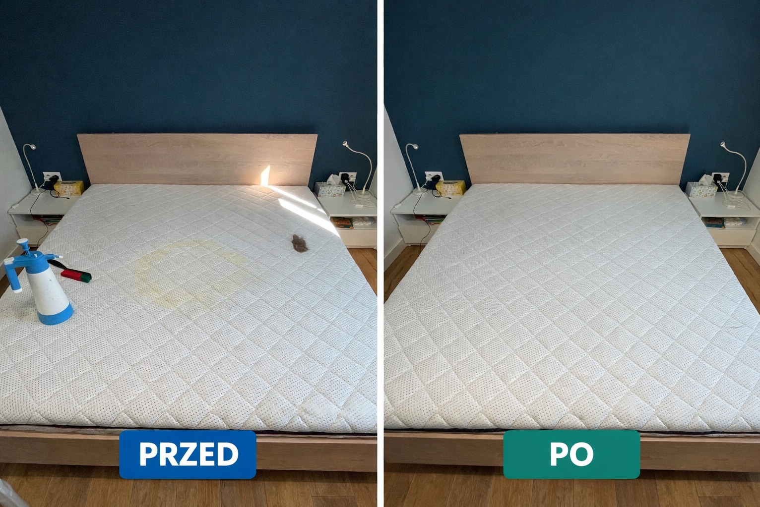 Zdjęcie 'przed i po' prania materaca z plamami. Po lewej stronie materac z widocznymi zabrudzeniami, po prawej czysty, bez plam. Widoczne szafki nocne i niebieska ściana.