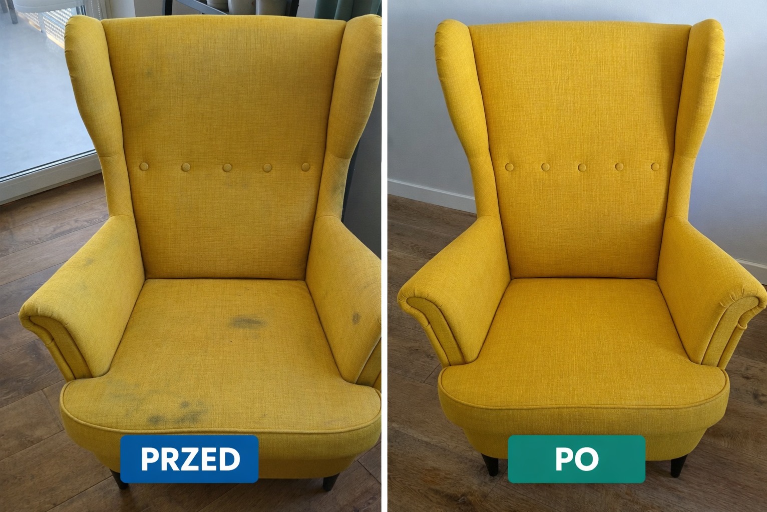 Żółty fotel typu uszak przed i po czyszczeniu. Widoczne plamy na tapicerce przed zabiegiem, a po - czysty, odświeżony materiał. Porównanie efektu prania.