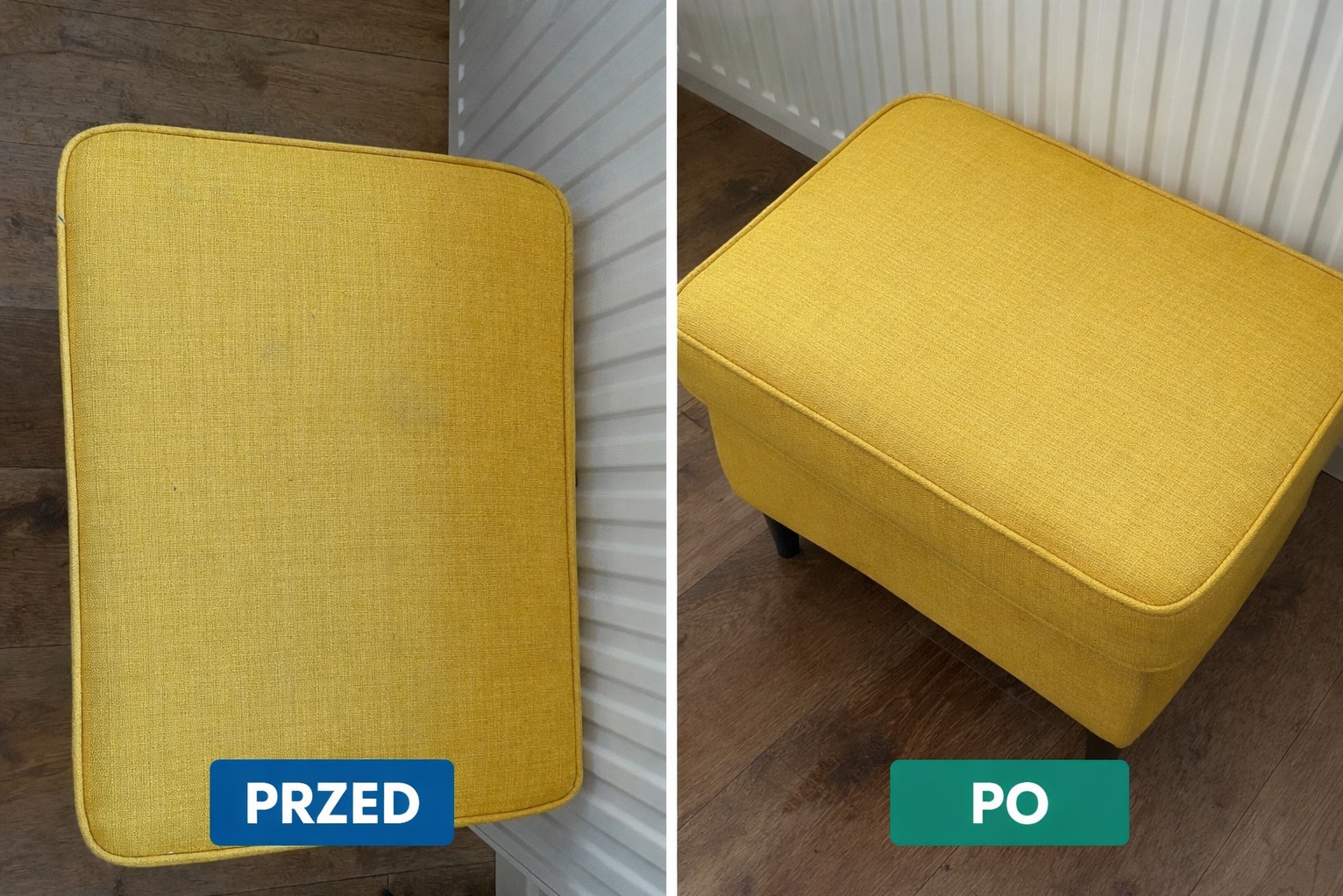 Żółty puf tapicerowany: po lewej stronie widoczny stan 'przed' z lekkimi zabrudzeniami, po prawej stronie stan 'po' - czysty, na tle grzejnika i drewnianej podłogi.