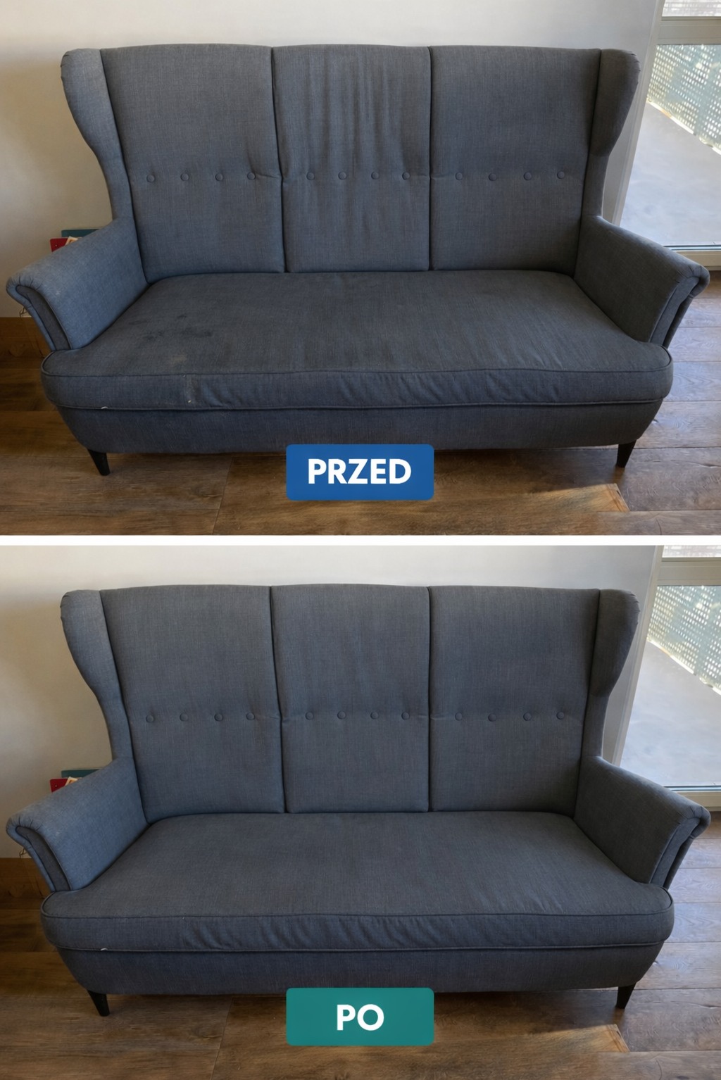 Szara sofa typu uszak przed i po czyszczeniu. Widoczne plamy na siedzisku w górnej części zdjęcia, usunięte w dolnej części. Efekt czyszczenia tapicerki.