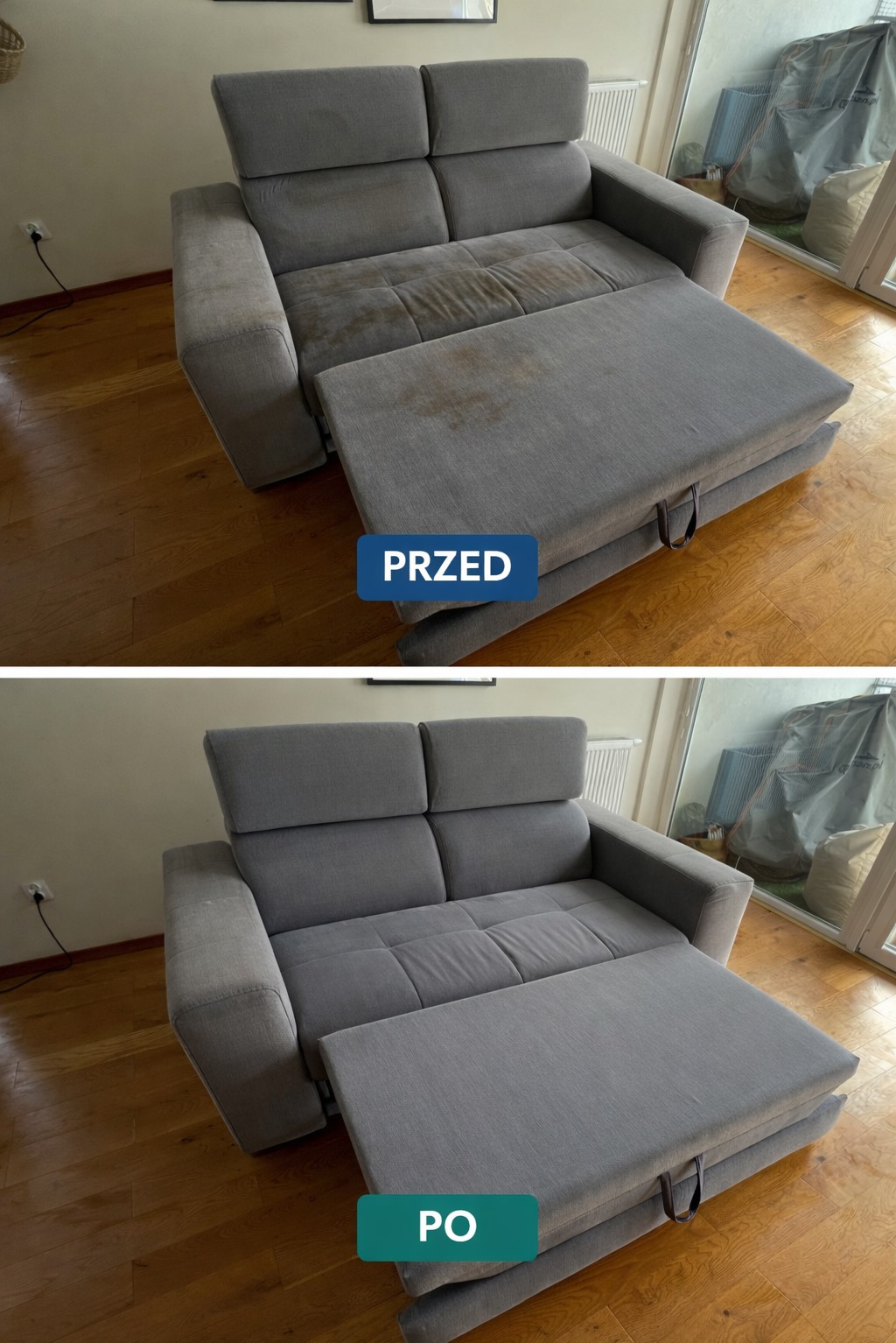 Szara rozkładana kanapa: u góry widok 'przed' z plamami, na dole 'po' - czysta, w jasnym wnętrzu z drewnianą podłogą i oknem balkonowym.