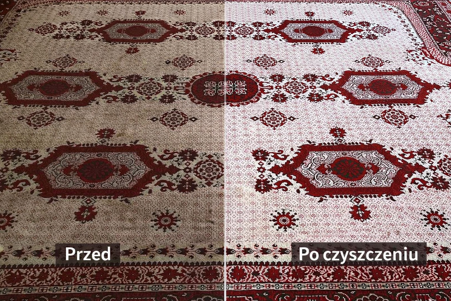Dywan z wzorem orientalnym: lewa strona 'Przed' - widoczne zabrudzenia, prawa strona 'Po czyszczeniu' - odświeżony, czysty wzór. Porównanie efektu.