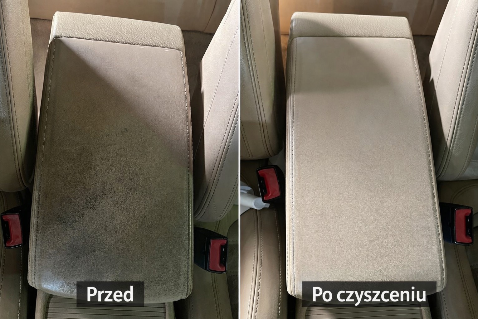 Tapicerowany podłokietnik samochodowy w beżowym odcieniu, prezentowany w układzie 'przed i po' czyszczeniu. Widoczne różnice w odcieniu i czystości materiału.