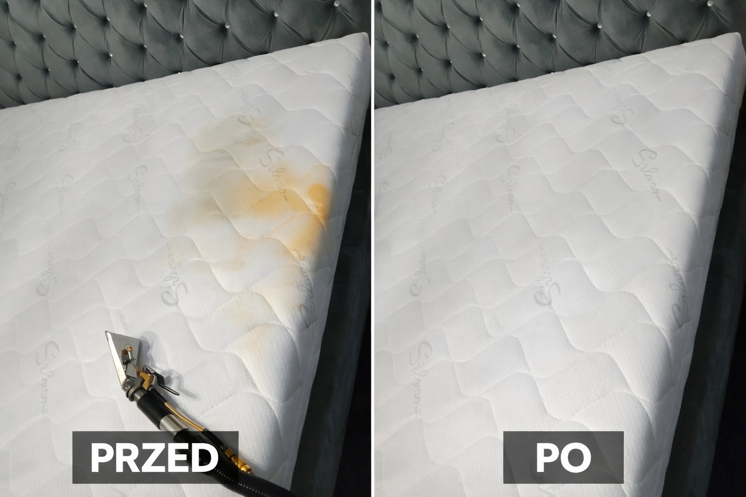 Materac przed i po czyszczeniu: po lewej stronie widoczne plamy, po prawej materac czysty, z szarym zagłówkiem w tle. Widoczna dysza urządzenia czyszczącego.