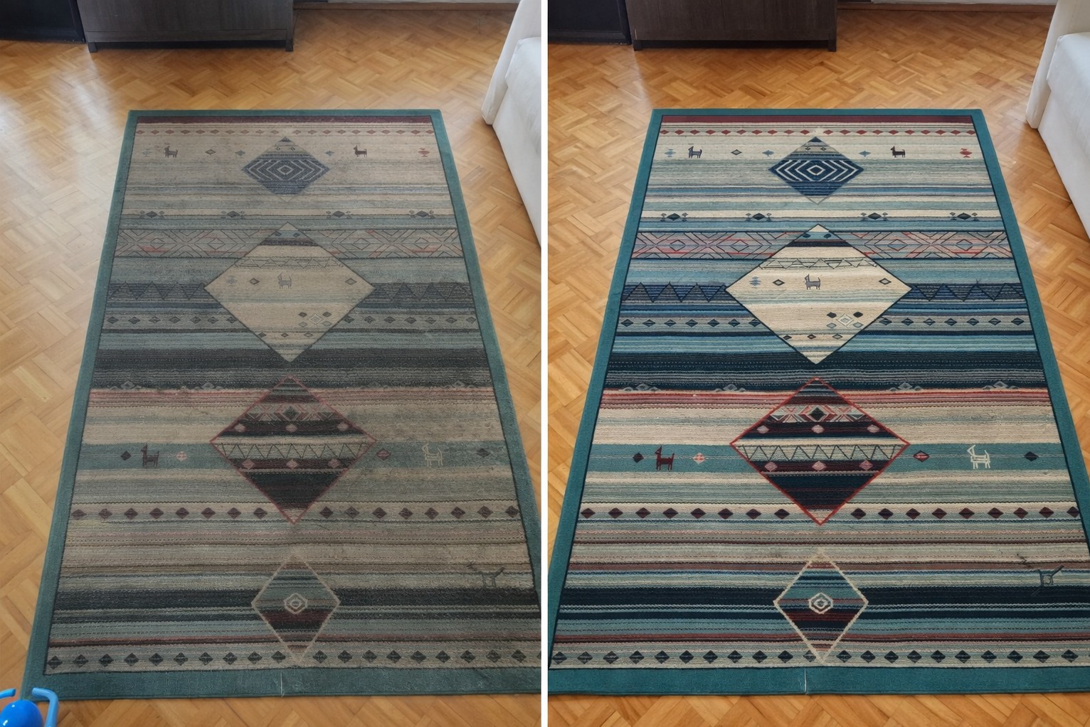 Dywan w etniczne wzory, ujęcie typu 'przed i po'. Po prawej stronie dywan po czyszczeniu, z intensywnymi kolorami i wyraźnym wzorem. Po lewej dywan przed czyszczeniem.