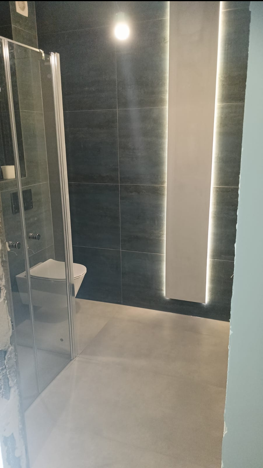 Nowoczesna łazienka z kabiną prysznicową, ciemnymi płytkami i podświetlanym panelem ściennym. Minimalistyczny design, jasna podłoga. Widok na toaletę.