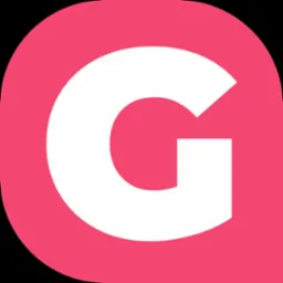 Biała litera G na różowym tle w zaokrąglonym kwadracie. Prosty, nowoczesny logotyp. Branding w stylu flat design. Gotpage.pl.