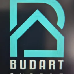 Logo firmy Budart Expert: turkusowy symbol domu wpisany w literę 'D' na czarnym tle, poniżej nazwa firmy w kolorze białym.