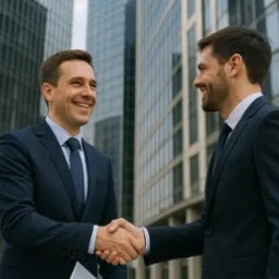 Uśmiechnięci mężczyźni w garniturach wymieniają uścisk dłoni na tle biurowców. Jeden trzyma dokument. Jasne oświetlenie, biznesowa atmosfera.
