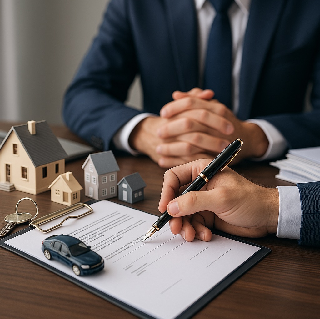 Podpis na umowie; w tle modele domów i samochodu. Osoba w garniturze składa podpis piórem na dokumencie. Koncepcja kredytu hipotecznego lub samochodowego.
