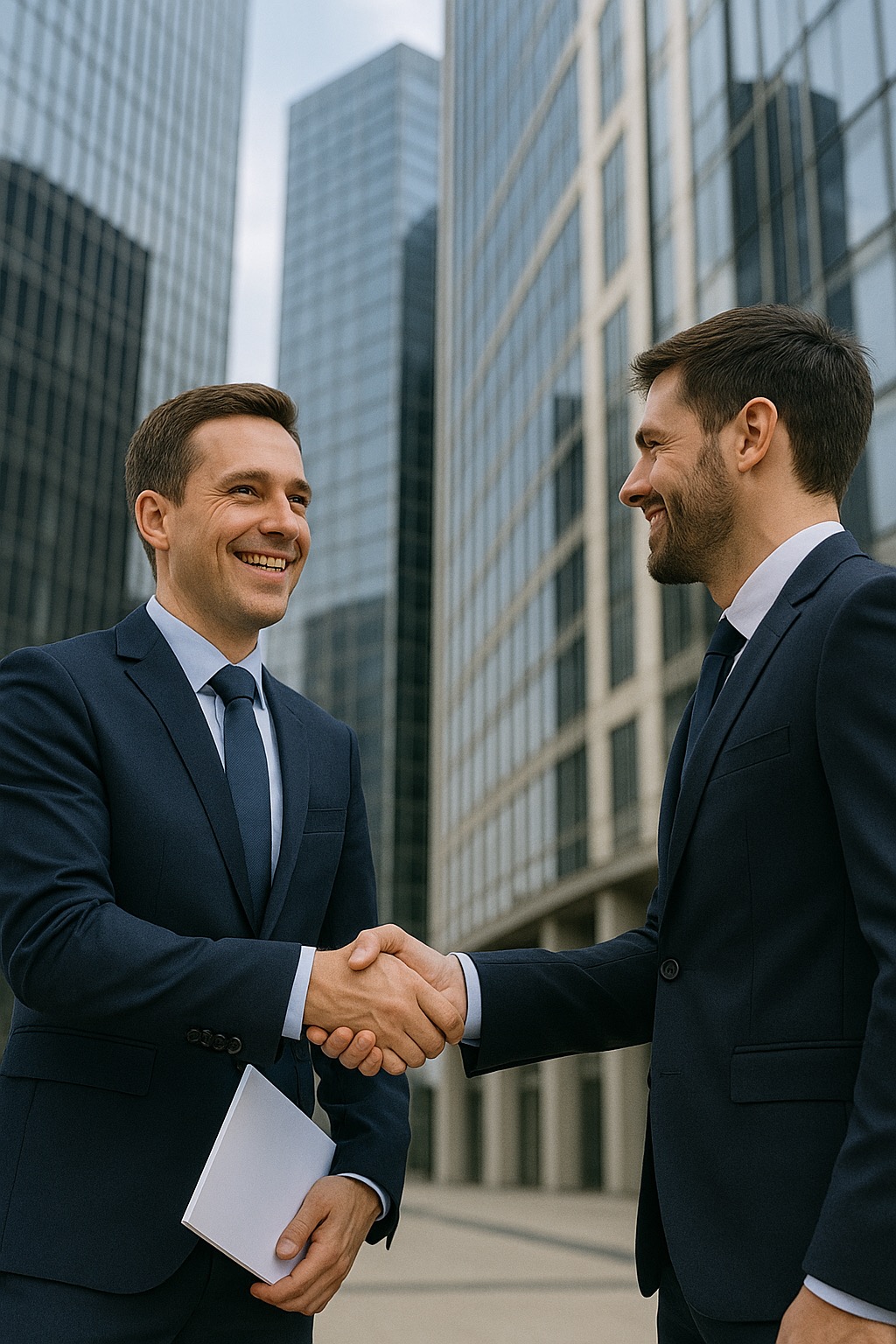 Uśmiechnięci mężczyźni w garniturach wymieniają uścisk dłoni na tle biurowców. Jeden trzyma dokument. Jasne oświetlenie, biznesowa atmosfera.