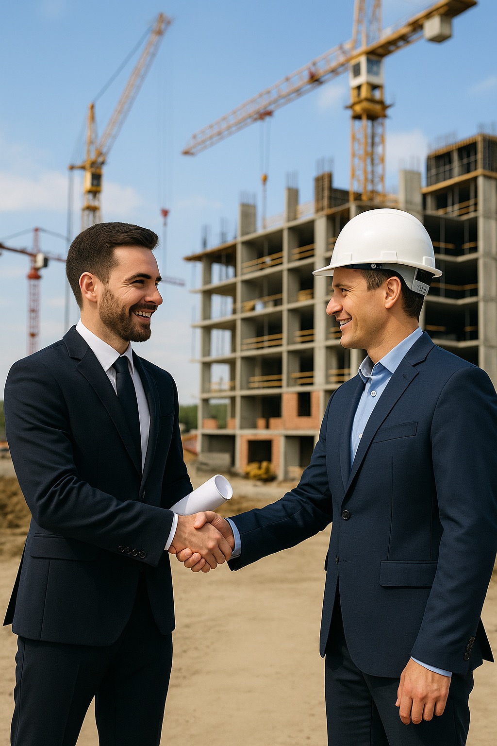 Uścisk dłoni dwóch mężczyzn w garniturach na tle budowy, jeden w kasku. W tle żurawie i surowy budynek. Zawarcie umowy lub partnerstwo biznesowe.