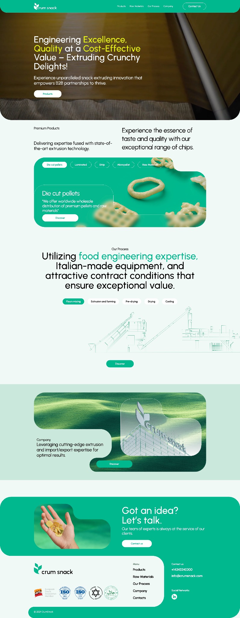 Nowoczesna strona internetowa producenta przekąsek, z zieloną kolorystyką i hasłami o innowacyjności i jakości. Grafika przedstawia proces produkcji i gotowe produkty.