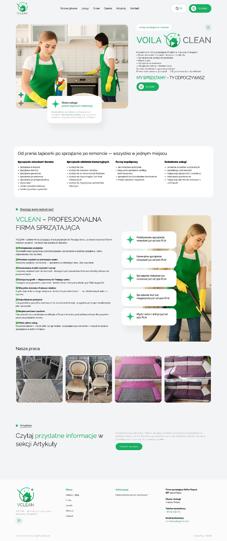 Strona internetowa firmy sprzątającej VCLEAN z ofertą usług: sprzątanie mieszkań, biur, po remoncie, pranie tapicerki. Prezentacja usług z cennikiem i danymi kontaktowymi.