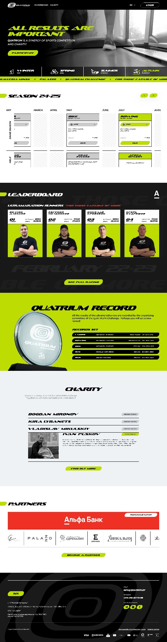 Grafika strony internetowej z sezonowym kalendarzem wydarzeń sportowych, rankingiem zawodników i informacjami o partnerach, utrzymana w czarno-zielonej kolorystyce.