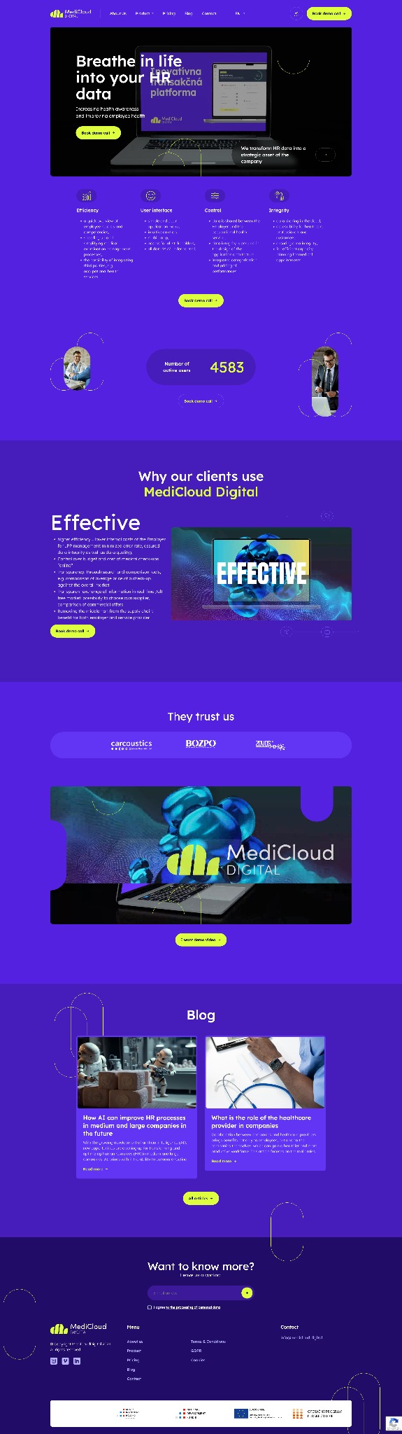 Nowoczesna strona internetowa MediCloud Digital z laptopem prezentującym innowacyjną platformę HR, fioletowe tło, przyciski call to action i informacje o korzyściach.