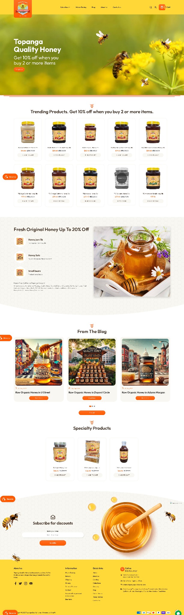 Strona internetowa z ofertą miodów Topanga Quality Honey, z promocją 10% rabatu przy zakupie dwóch lub więcej produktów. Układ strony zawiera sekcje z produktami, blogiem i formularzem zapisu...