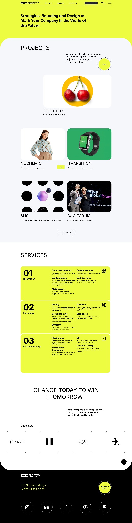 Prezentacja portfolio agencji kreatywnej z projektami brandingowymi, graficznymi i interfejsami. Widoczne logo klientów, ikony mediów społecznościowych i hasło firmy.