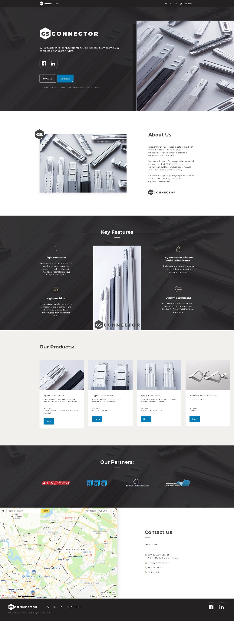 Zrzut strony internetowej firmy GS Connector prezentujący ofertę stalowych łączników i spacerów z aluminium i tworzyw sztucznych, z widocznym logo i mapą.