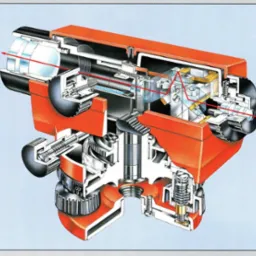 Schemat przekroju niwelatora optycznego z czerwoną wiązką lasera, używanego przez geodetów we Wrocławiu. Precyzyjne pomiary i ustawienia.