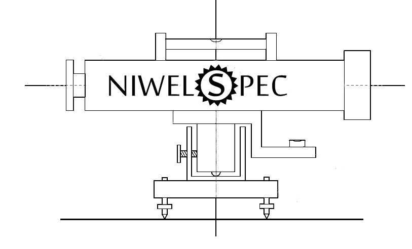 Schemat niwelatora geodezyjnego Niwel Spec z libellą, przedstawiony w czarno-białej grafice technicznej na białym tle.