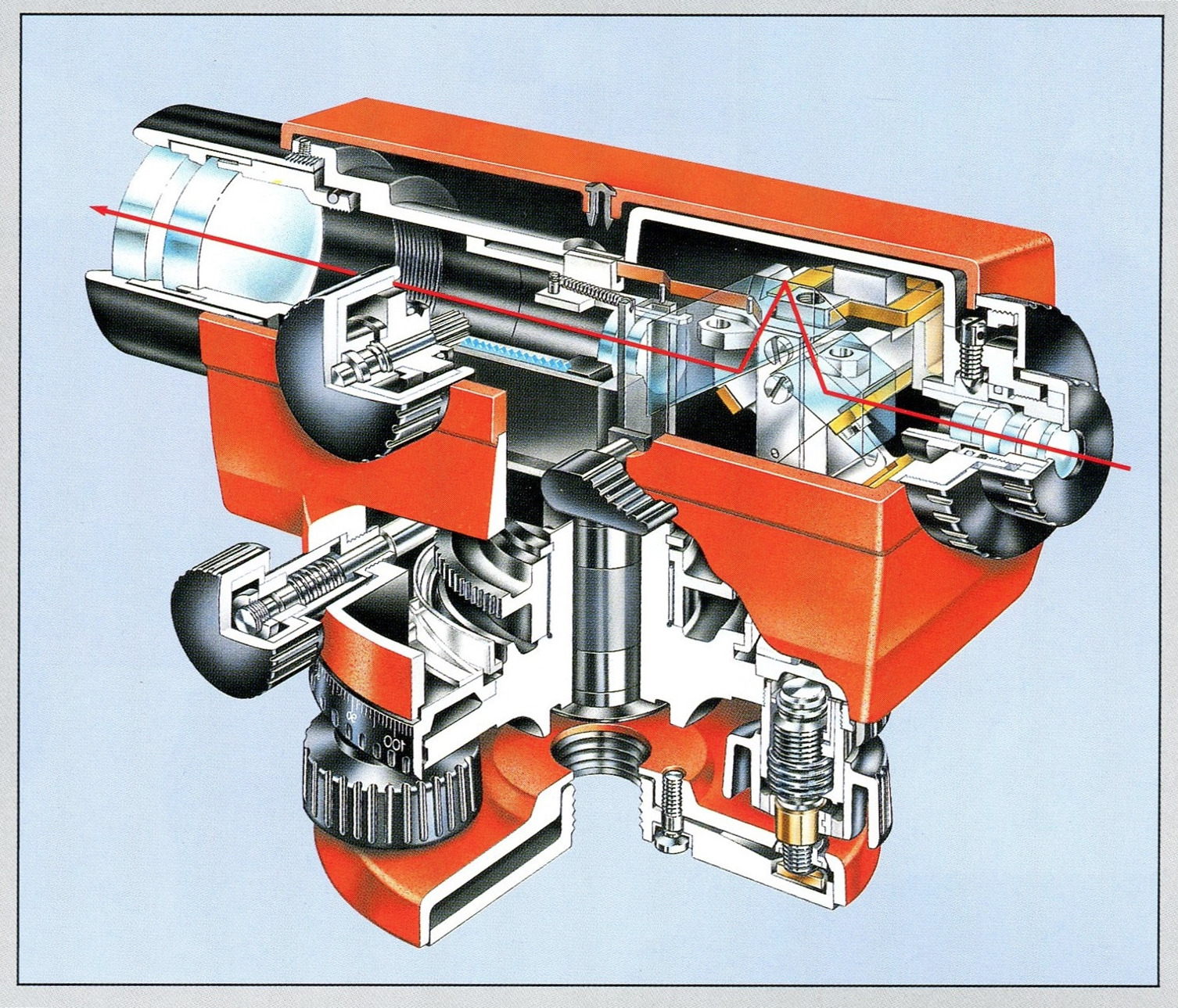 Schemat przekroju niwelatora optycznego z czerwoną wiązką lasera, używanego przez geodetów we Wrocławiu. Precyzyjne pomiary i ustawienia.
