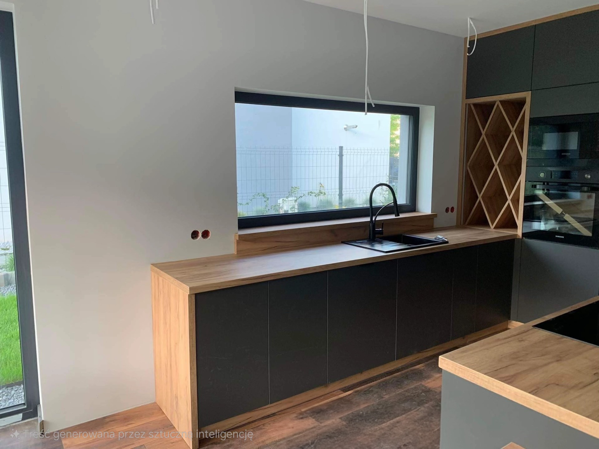 Ciemne szafki kuchenne z drewnianym blatem i oknem z widokiem na zewnątrz. W tle widać piekarnik i półki na wino. Minimalistyczny design.