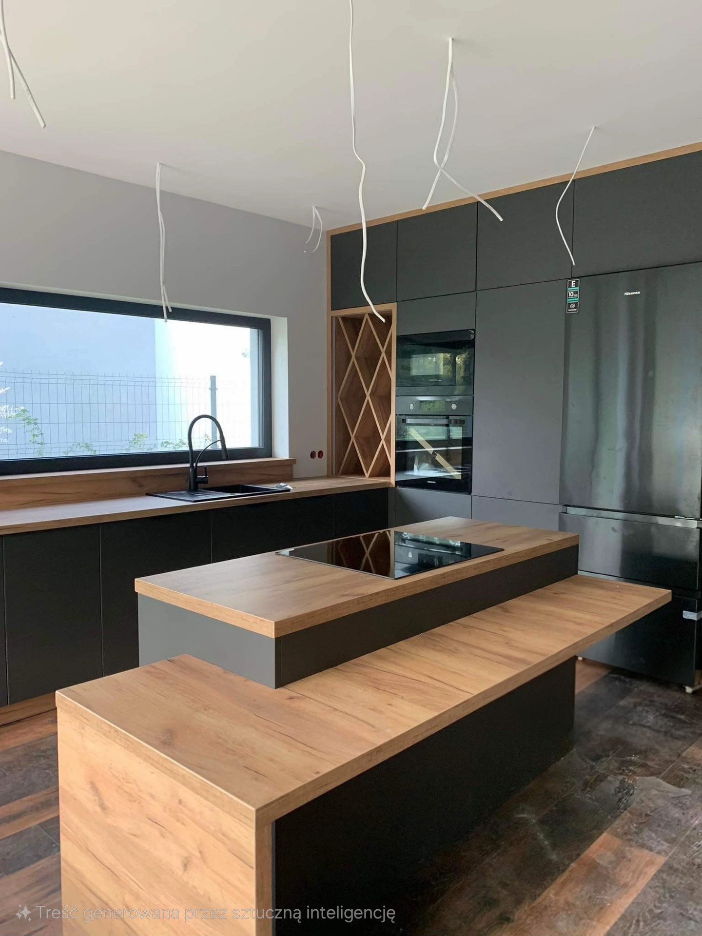 Nowoczesna kuchnia z szarymi szafkami i drewnianym blatem wyspy. W tle okno i wina. Uwagę przyciągają zwisające kable od oświetlenia.