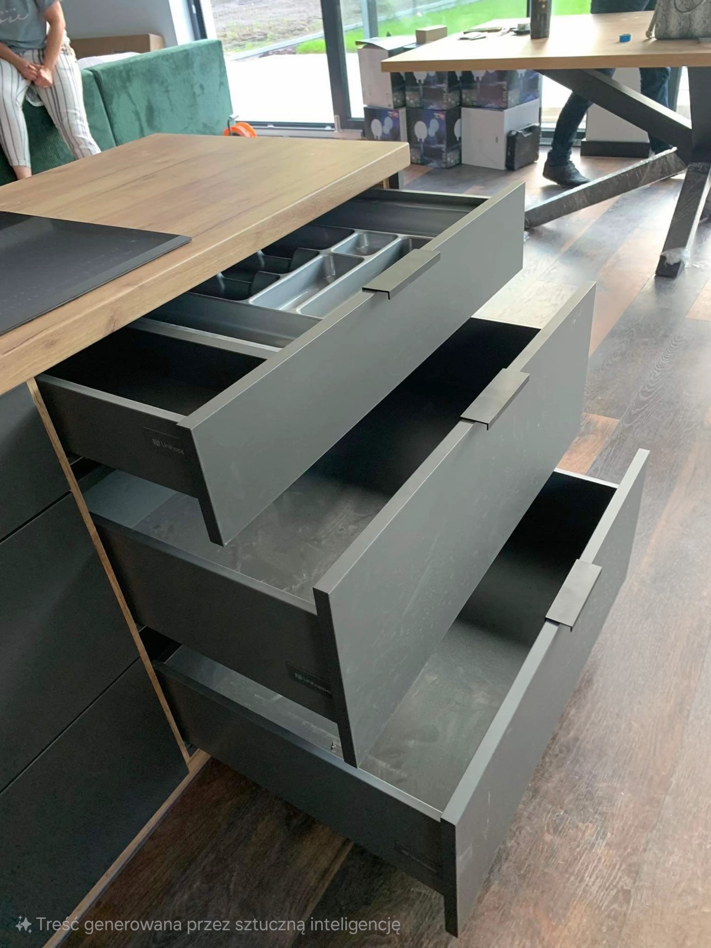 Szare, otwarte szuflady z organizerem na sztućce w kuchni na wymiar w Nowej Brzeźnicy. Nowoczesny design, drewniany blat, widoczne okno i fragment stołu.