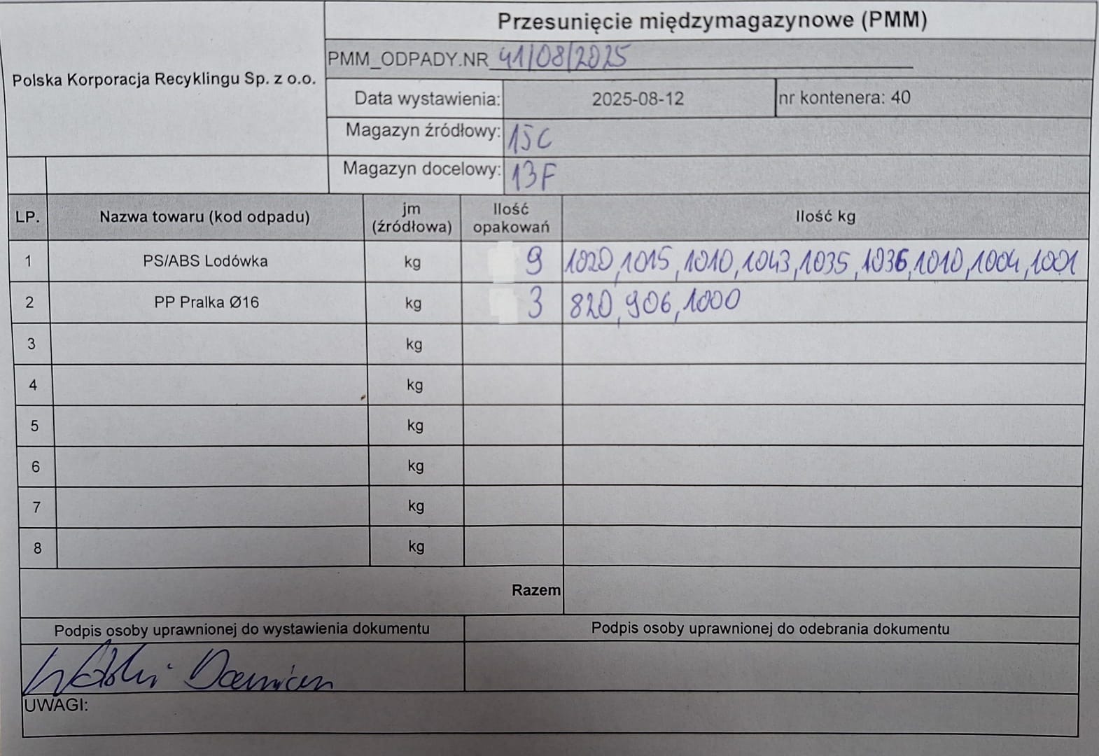 Dokument PMM z danymi o przesunięciu odpadów między magazynami, zawierający informacje o rodzaju odpadów, ich ilości, magazynach oraz podpis osoby uprawnionej.