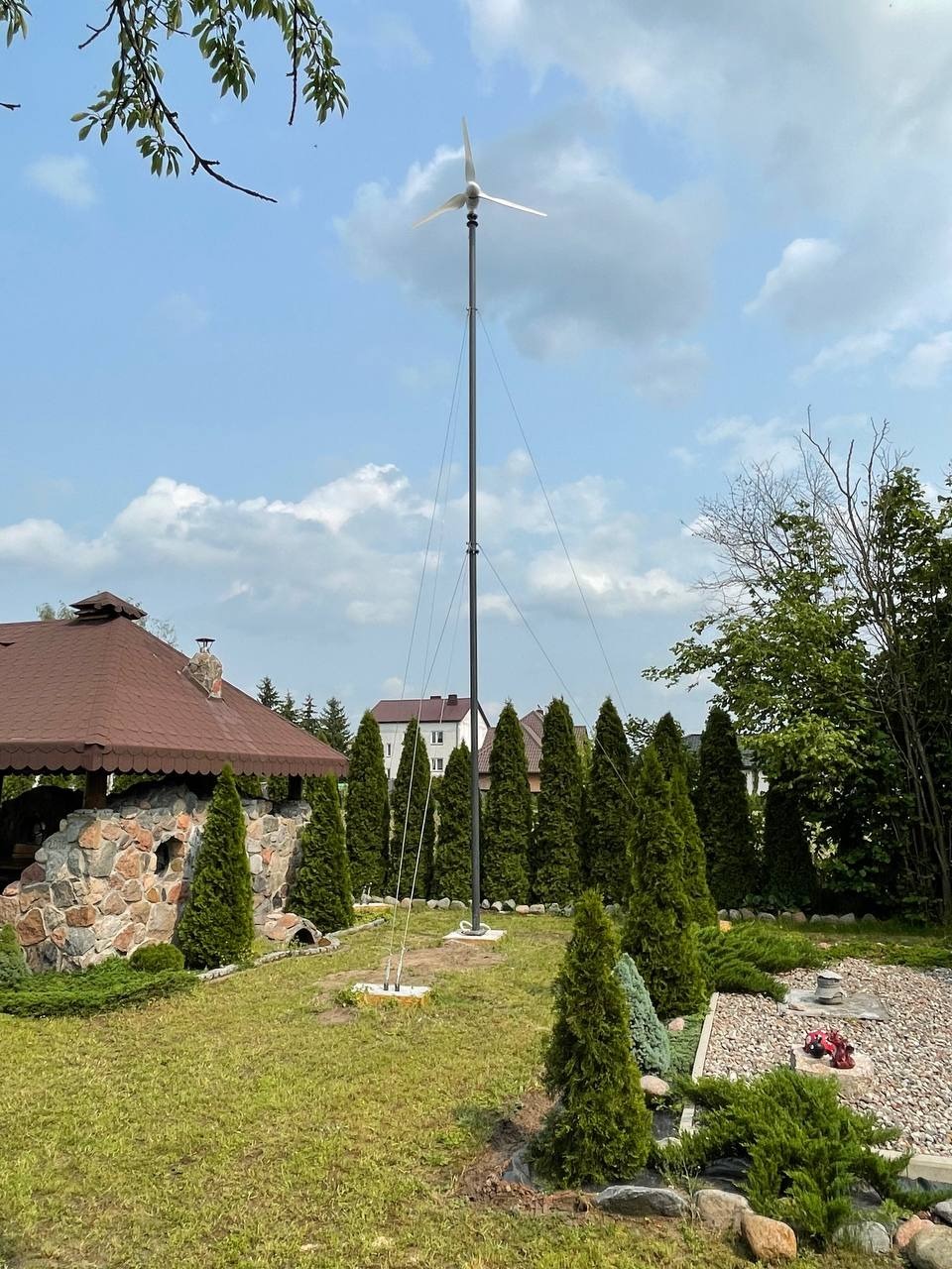 Mała turbina wiatrowa na posesji z zielonym trawnikiem i ozdobnymi tujami, widoczna z perspektywy ogrodu, słoneczny dzień.