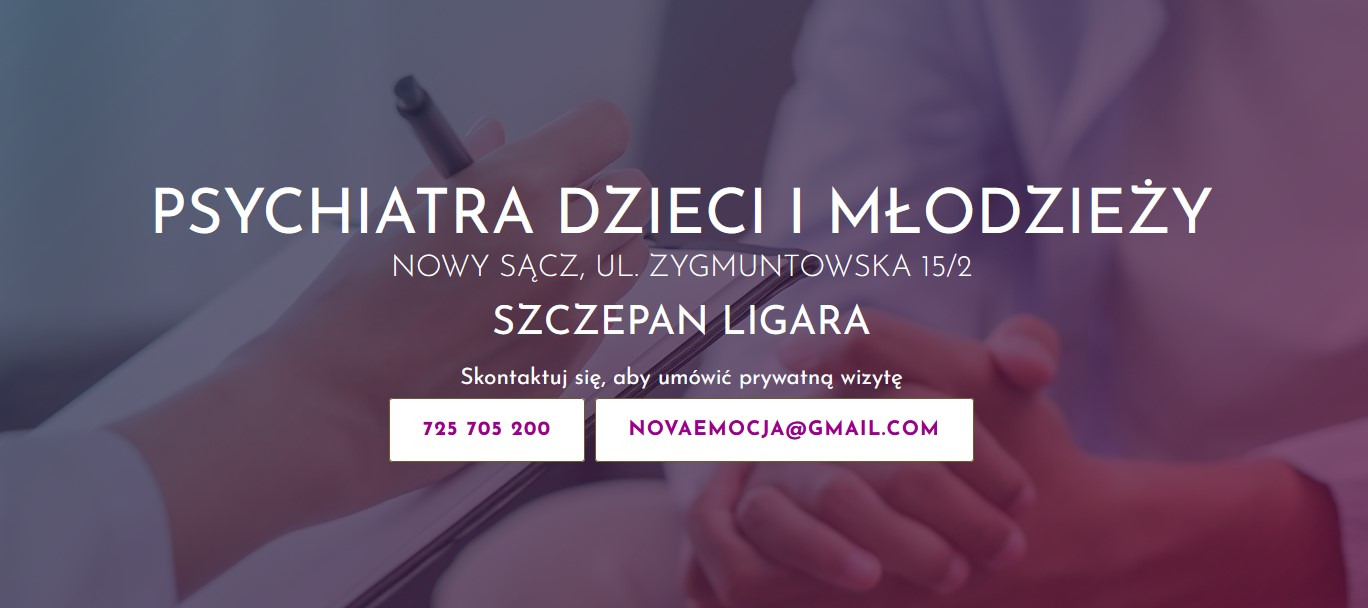 Reklama gabinetu: ręka z długopisem nad notatnikiem, napis 'Psychiatra dzieci i młodzieży', dane kontaktowe, stonowana kolorystyka.
