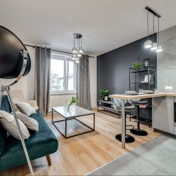 Housers sp. z o.o. - Nowoczesne wnętrze: zielona sofa, lampa reflektorowa, stolik kawowy, aneks kuchenny z barkiem. Aranżacja mieszkania z widokiem na okno i stylowe dodatki.