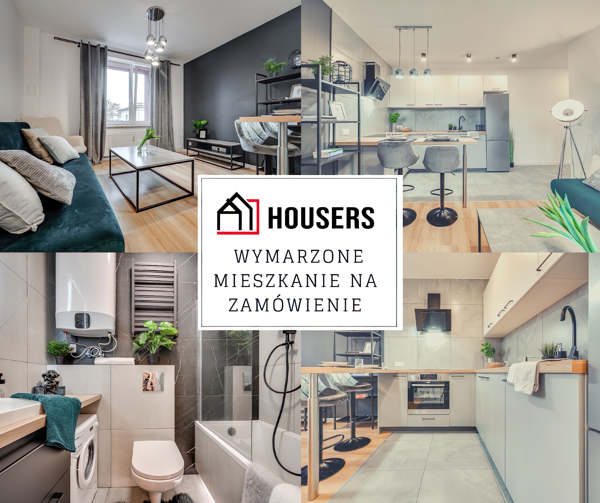 Nowoczesne, jasne wnętrza mieszkania: salon z sofą, kuchnia z wyspą, łazienka z wanną. Aranżacja w szarościach i bieli, z akcentami drewna i roślin.