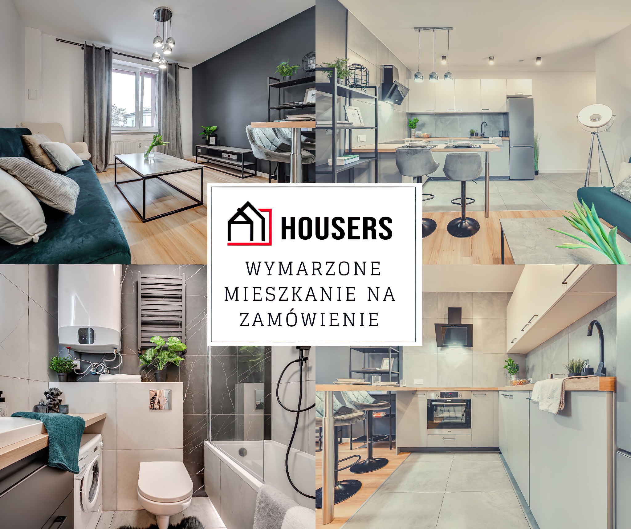 Kolaż wnętrz mieszkania: salon z sofą, kuchnia z barkiem, łazienka z wanną. Nowoczesny design, stonowana kolorystyka, logo Housers na pierwszym planie.