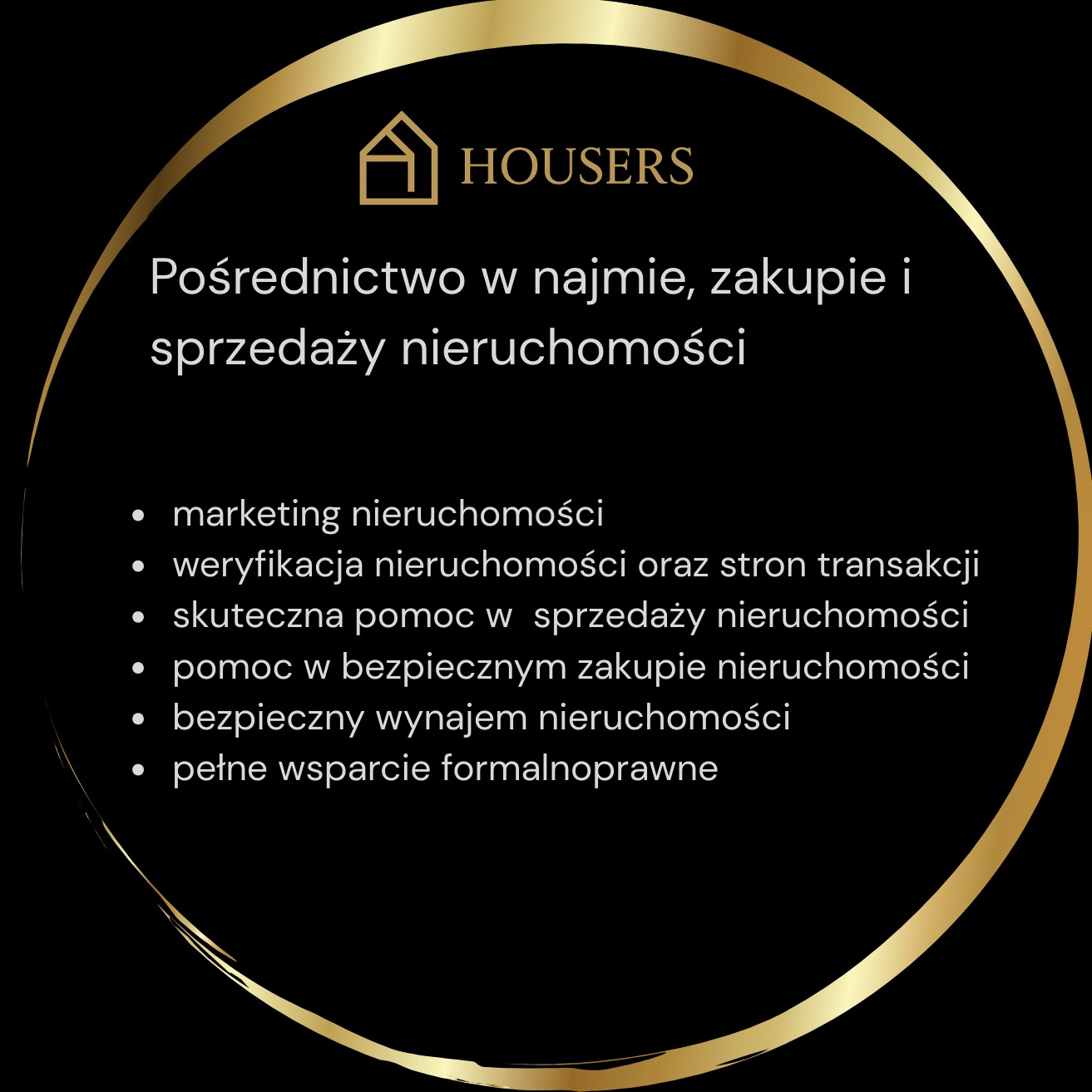 Elegancki baner Housers: pośrednictwo w najmie, zakupie i sprzedaży nieruchomości. Marketing, weryfikacja, pomoc prawna i bezpieczny wynajem.