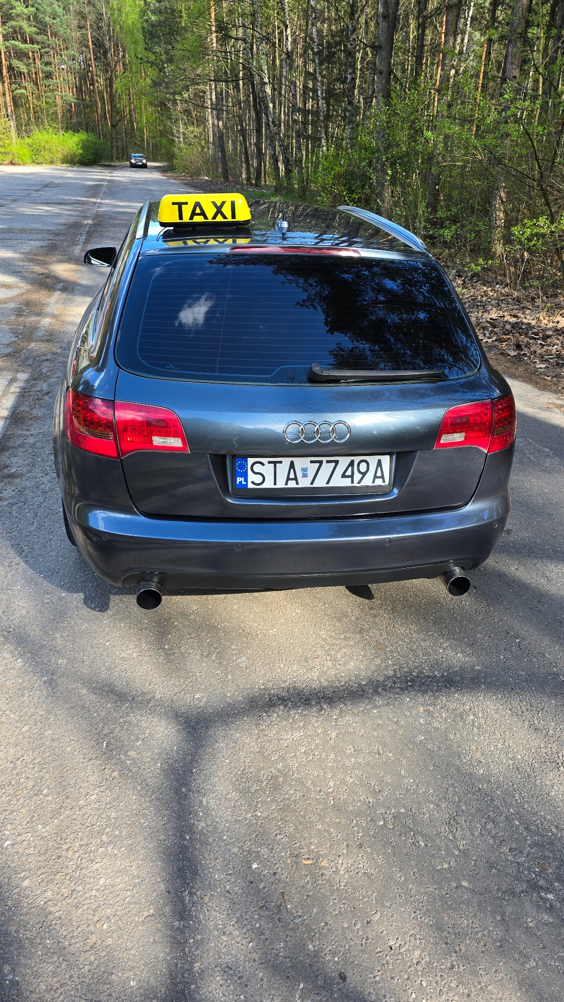 Szary samochód typu kombi z żółtym napisem TAXI na dachu, zaparkowany na poboczu drogi w lesie. Widok z tyłu, tablica rejestracyjna STA-7749A.