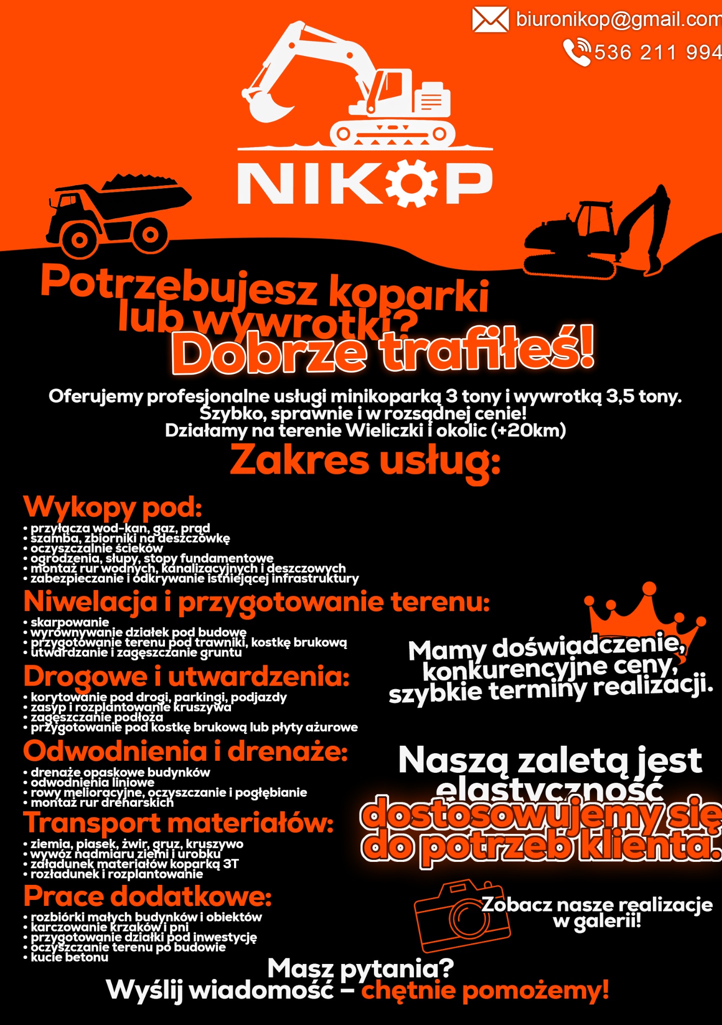Grafika reklamowa firmy NIKOP, oferującej usługi minikoparką i wywrotką. Widoczne ikony koparki, wywrotki i zakres usług: wykopy, niwelacje, drenaże, transport.
