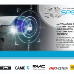 Grafika prezentuje kamerę monitoringu z nałożonym efektem celownika, logo firmy Speed Gate i logotypy producentów systemów alarmowych i automatyki bramowej.