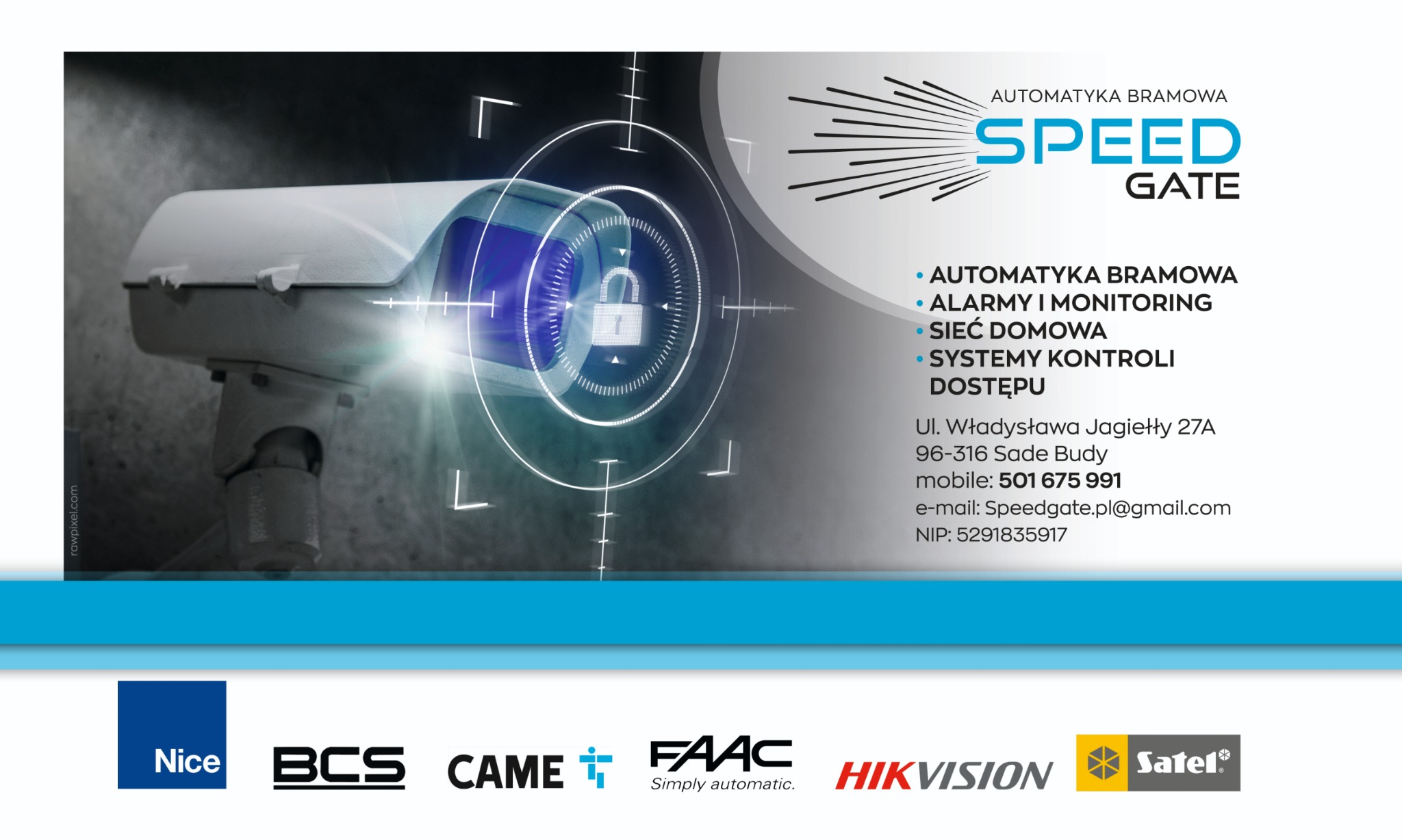 Grafika prezentuje kamerę monitoringu z nałożonym efektem celownika, logo firmy Speed Gate i logotypy producentów systemów alarmowych i automatyki bramowej.