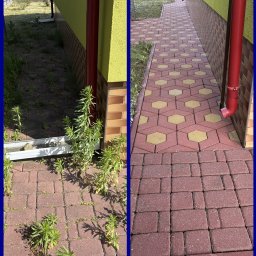 CLEAN HOUSE Radosław Myśliwiec - Porównanie kostki brukowej przed i po czyszczeniu. Po lewej zaniedbana, porośnięta roślinami, po prawej czysta, z widocznym wzorem i kolorem. Widoczny budynek i rynna.