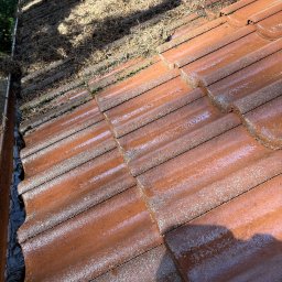 CLEAN HOUSE Radosław Myśliwiec - Częściowo wyczyszczony, mokry dach z czerwonej dachówki ceramicznej, z widocznymi zanieczyszczeniami i mchem, oraz brudną rynną po lewej stronie kadru.