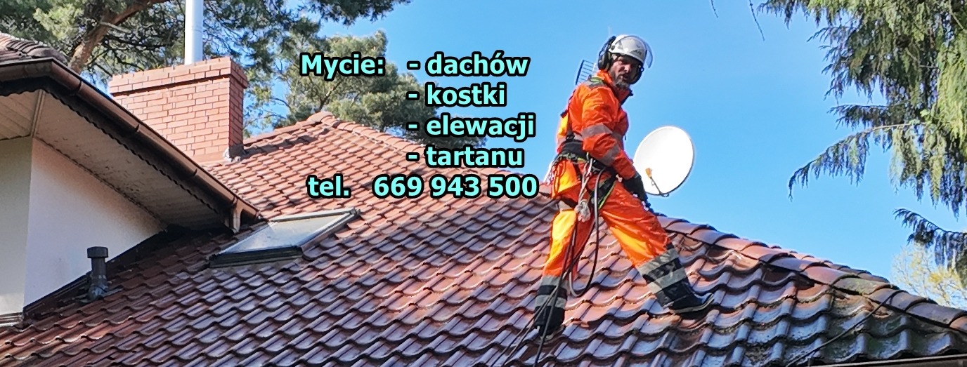 Pracownik w kombinezonie na dachu z cegły, komin i fragment drzewa w tle. Nałożony tekst z ofertą usług i numerem telefonu.